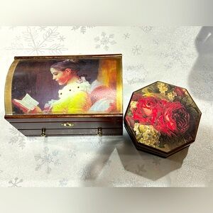 Vintage Jewllery Box Set with Art and Floral Design - scratches as is